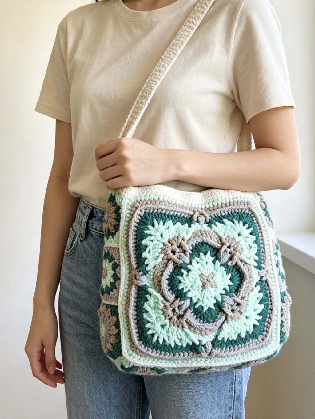 Hand Crafted Crochet Square Crossbody Bag In Mint, Teal And Cream